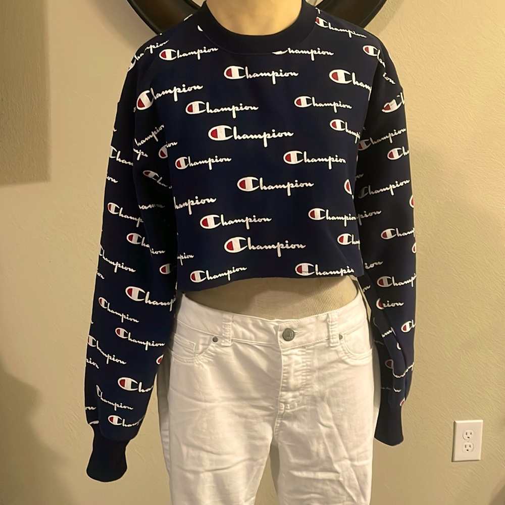 Navy Blue Thick Cropped Long Sleeve Champion Shirt